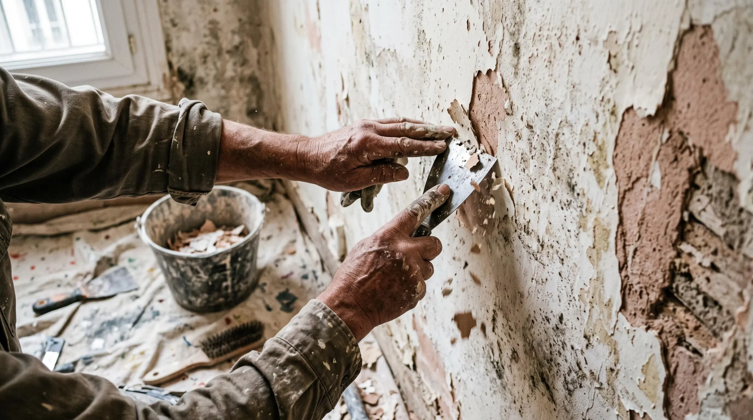 Des mains d'artisan décapent la peinture écaillée d'un mur humide avant traitement.