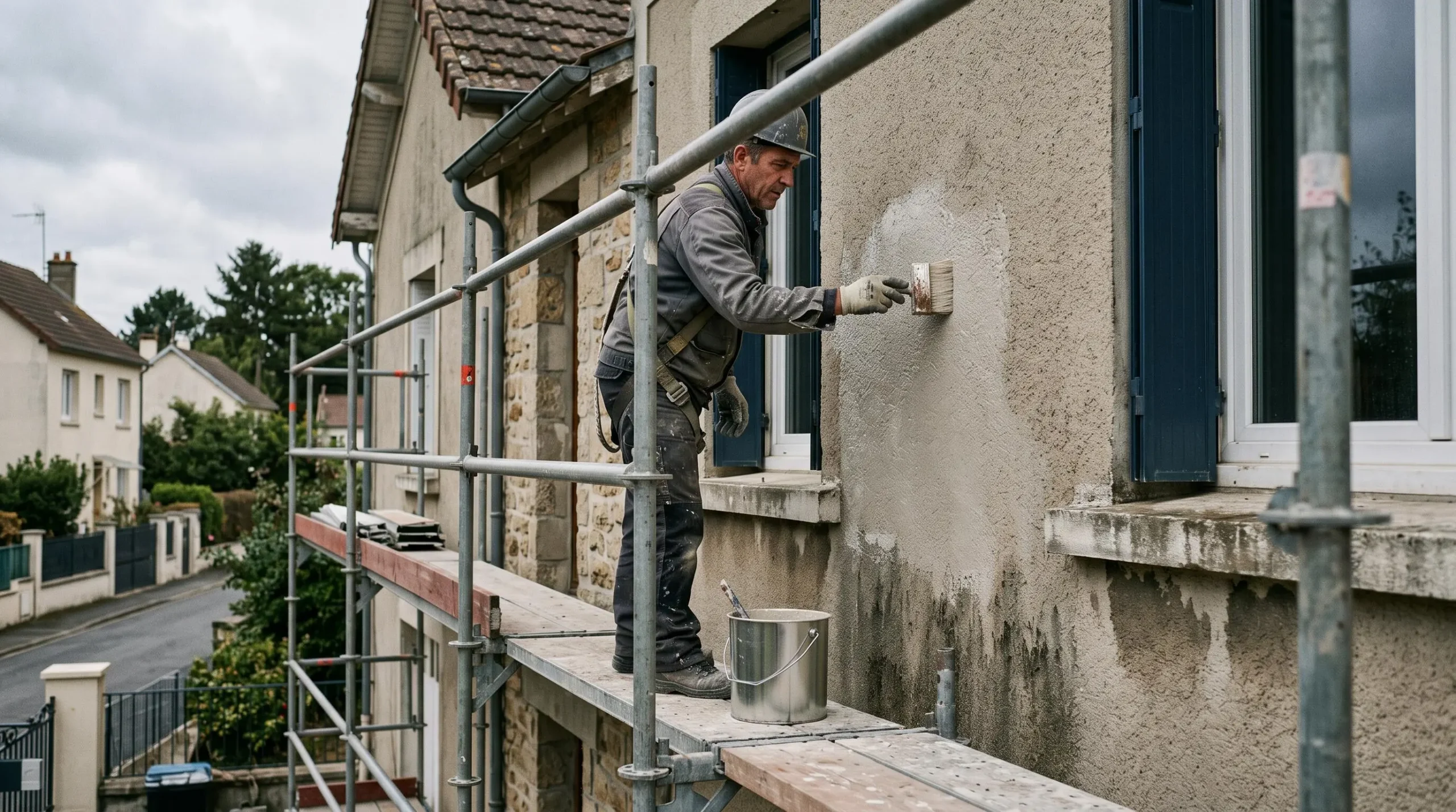 Un ouvrier applique un revêtement d'étanchéité au pinceau sur une façade extérieure tachée d'humidité.