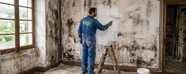 Un peintre applique un traitement anti-humidité au rouleau sur un mur taché de moisissures.