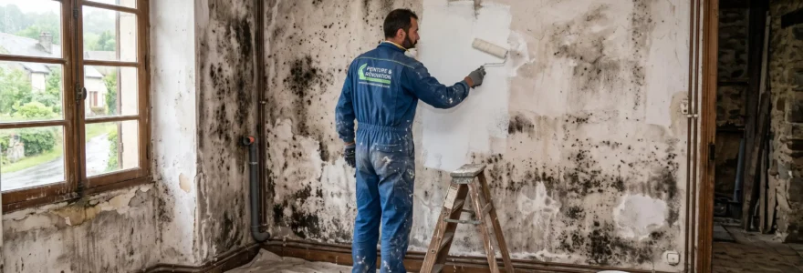 Un peintre applique un traitement anti-humidité au rouleau sur un mur taché de moisissures.
